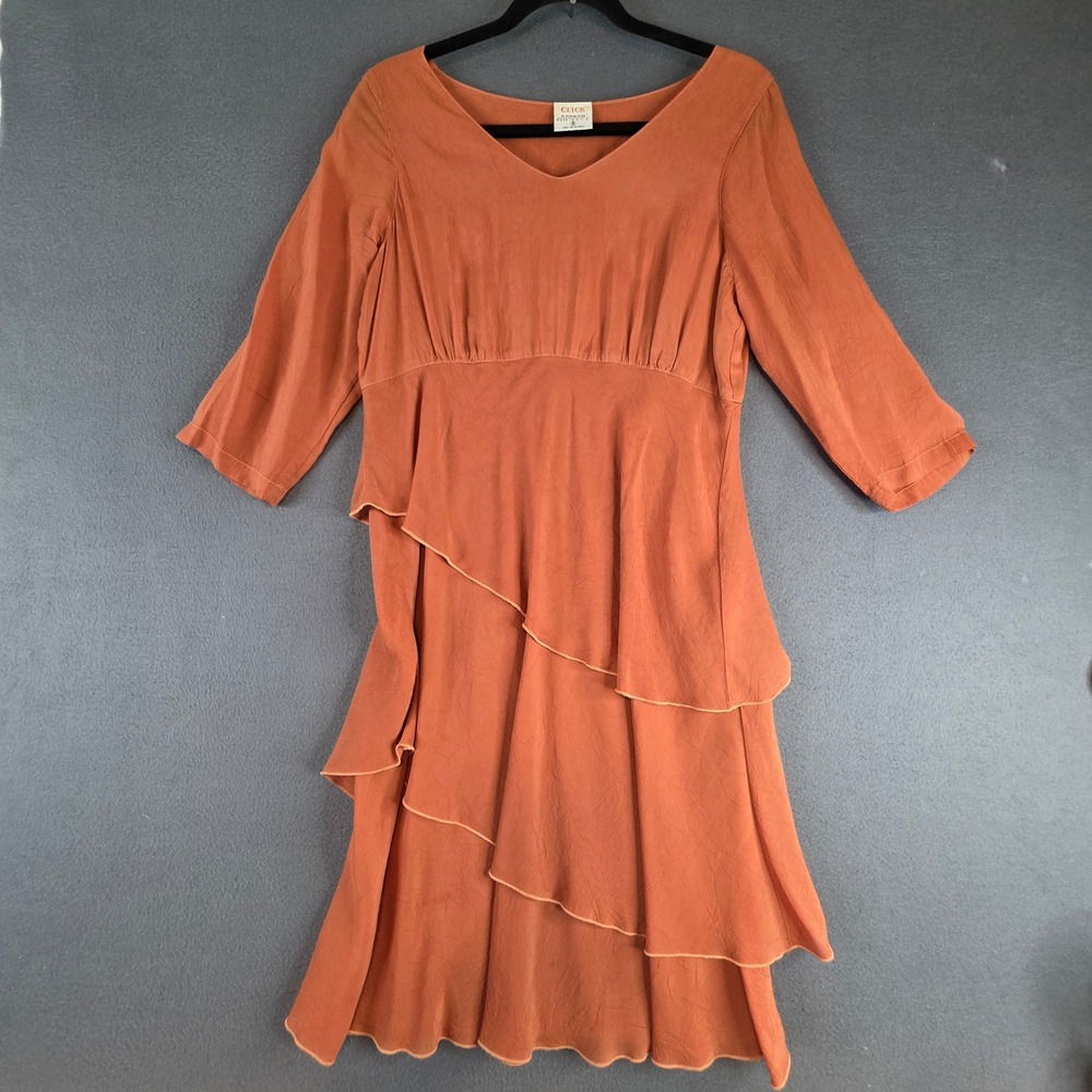 Click Color Me Cotton Dress Womens Small Orange Cupro Rayon Tiered Ruffle Midi
